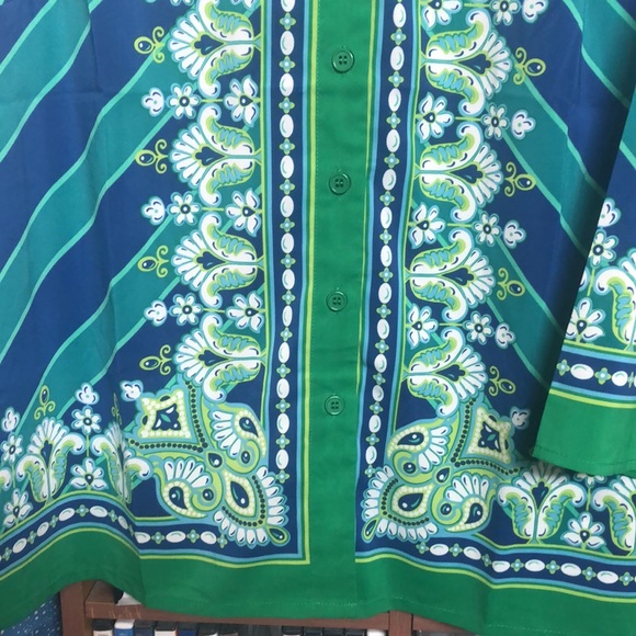 Bob Mackie Wearable Art Green & Blue Print Blouse Sz M - Picture 6 of 9
